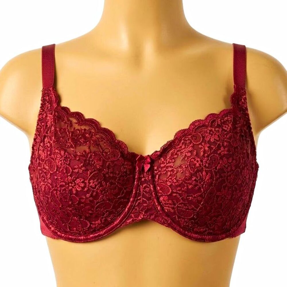 Olga Red Floral Lace Full Coverage Bra 40DD Underwire Lightly Padded 35017